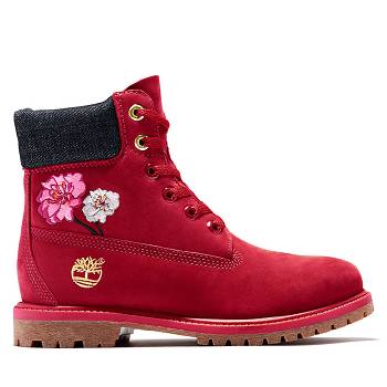 Timberland Embroidered Flowers - Cervene 6 Inch Cizmy Damske, T0474SK